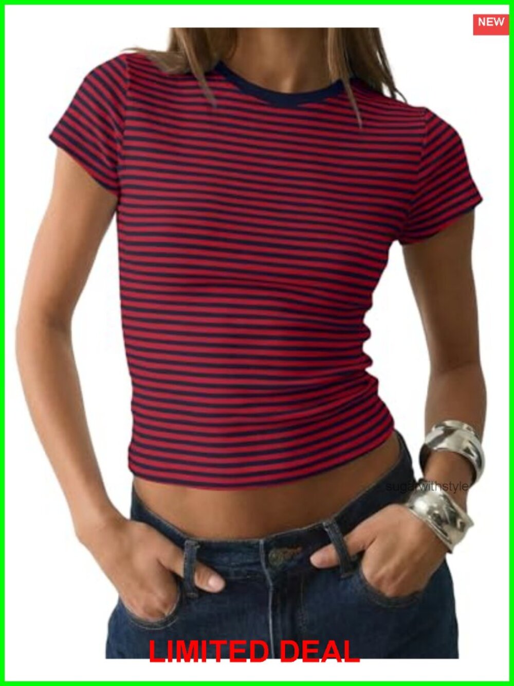 Women Striped Short Sleeve Crop T-Shirt Slim Fit Crewneck Tee Preppy